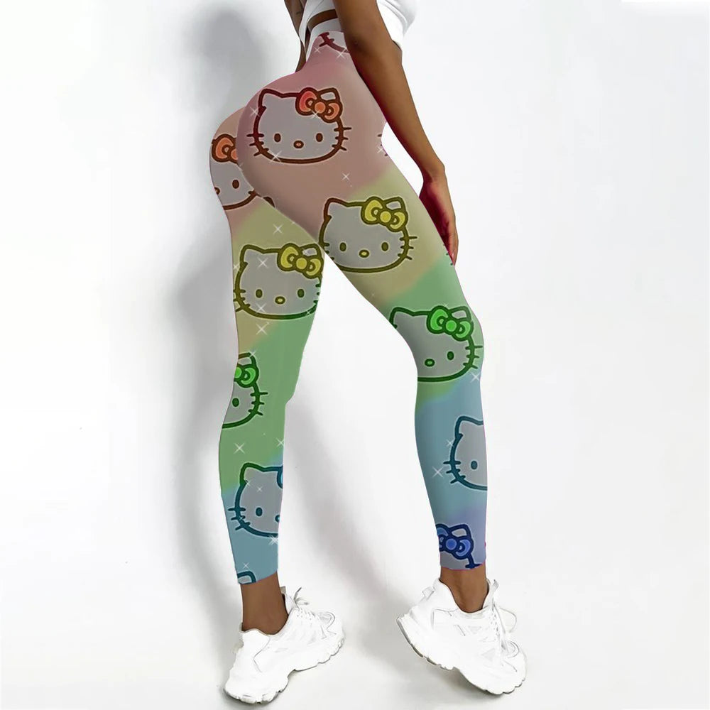 Women's sports and fitness leggings with Hello Kitty print stretch and sexy yoga pants for training, running, gym, fast drying,