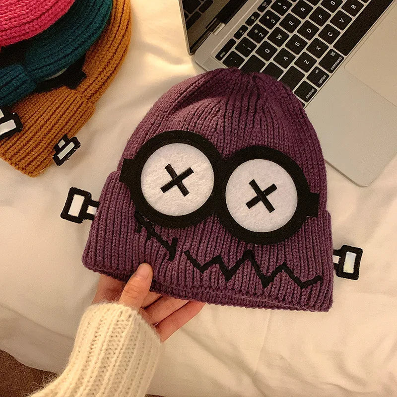 Kpop Cute Cartoon Cuff Beanie Cap Women's Candy Color Big Eyes Smile Skullies Hat Fashion Streetwear Student Warm Winter Knitted