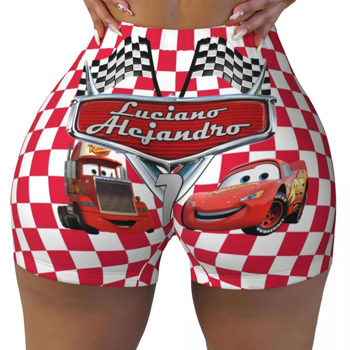 Custom Women Lightning Mcqueen Cars Workout Yoga Shorts Happy Gym Athletic Volleyball Biker Shorts