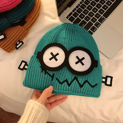 Kpop Cute Cartoon Cuff Beanie Cap Women's Candy Color Big Eyes Smile Skullies Hat Fashion Streetwear Student Warm Winter Knitted