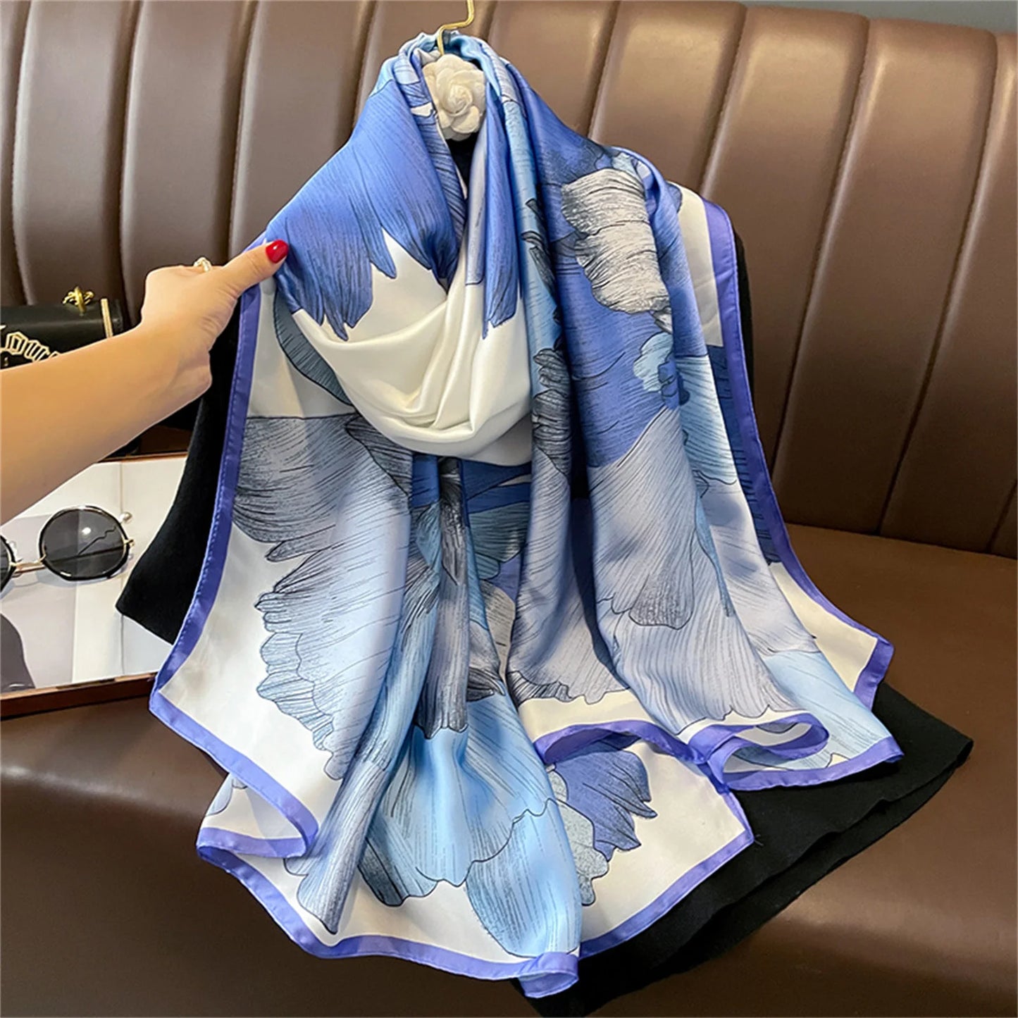 Women Fashion Print Silk Scarf Luxury Brand Warm 180X90CM Scarves Popular Lrage Satin Finish Shawl The Four Seasons Design Hijab