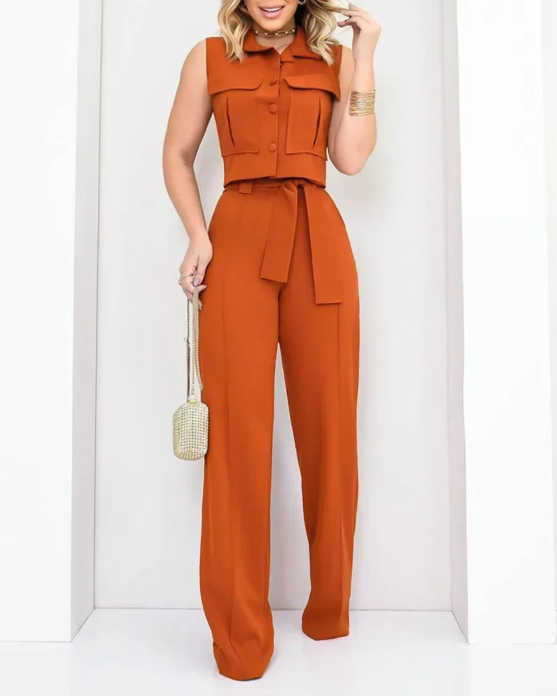 Women Single-Breasted Solid Top 2PCS Outfit 2024 Spring Summer Loungewear Wide Leg Pants Matching Sets Elegant Ladies Suits