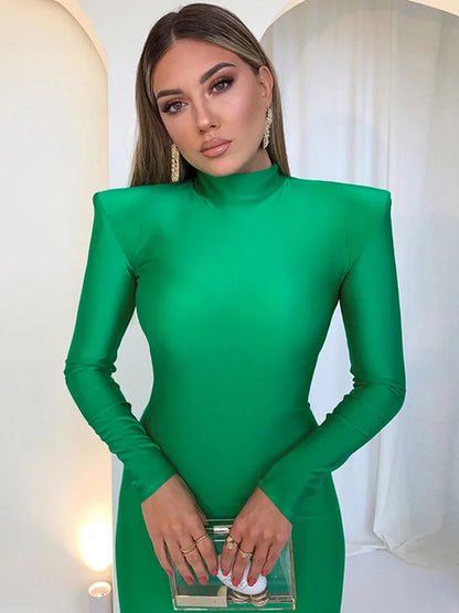 Shoulder Padded Long Sleeve Bodycon Green Party Club Maxi Long Dress  Spring Autumn Women Fashion Elegant Clothes