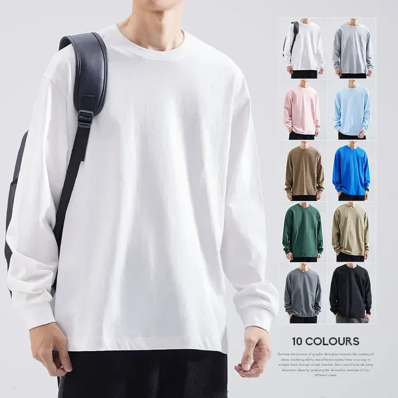 Men's Long Sleeve T-shirt Loose Fit Spring Autumn Sweatshirt Round Neck White Inner Base Layer Top Selling Fast