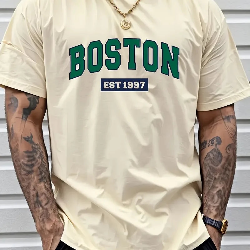 Boston EST1997 Retro Printed Men's New Cotton T-shirt Fashion Casual Loose Summer Cotton Couple Short Sleeve Large Size T-shirt