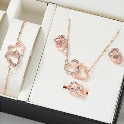 5PCS/Set Heart Shaped Jewelry Sets Of Ring Earrings Necklace For Women Elegance Rhinestone Double Heart Jewelry