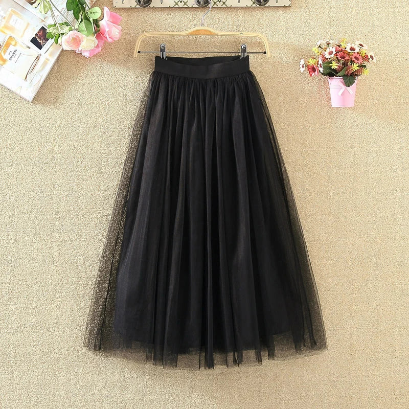 Vintage Tulle Skirt Women Streetwear Elastic High Waist Mesh Pleated Skirts Summer Elegant Korean A Line Office Ladies Skirt New