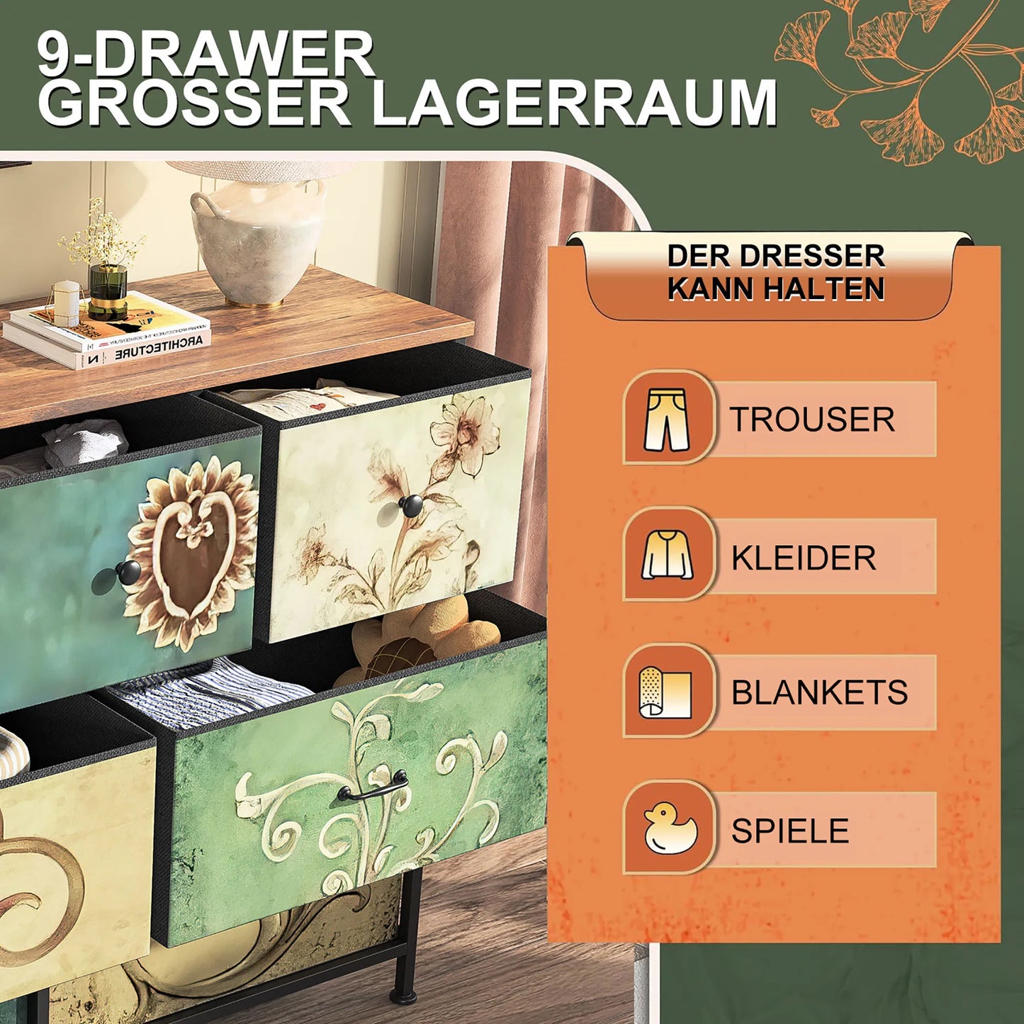 Bohemian Chest of Drawers with 7 Fabric Drawers, Sideboard with Fabric Drawers, Drawer Cabinet for Living Room Bedroom Hallway