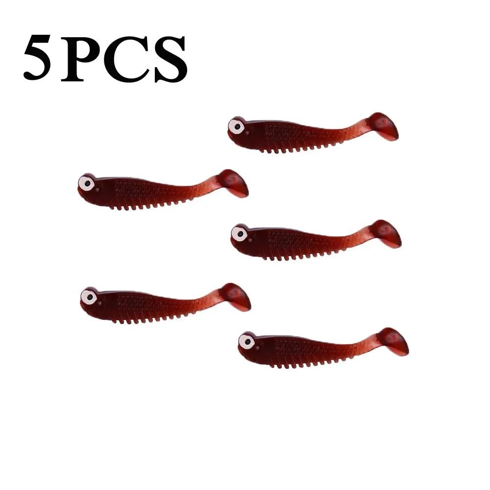 5pcs Fishing Bait Cluster Lure Soft Bait 3D Eyes Head Tail Wobbler Simulation Fishing Bait Sea Bass Fishing Accessories