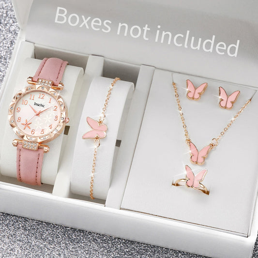 6PCS/Set Women's Watch Fashion Flowers Leather Band Analog Quartz Watches Butterfly Jewelr Set（Without Box）