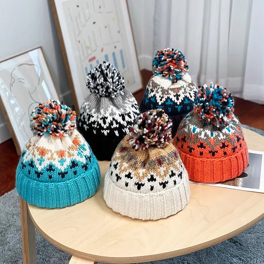 2024 Cute Print Embroidery Beanies Hats for Women Men Winter Wool Warm Fur Pompom Baggy Knit Hat Bonnet Caps