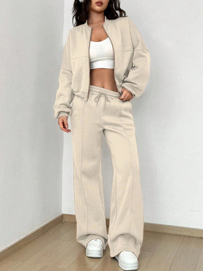 Women's Autumn 2024 Two Piece Set Cardigan Zipper Sweatshirt Jacket With Elastic Waistband And Wide Leg Pants Casual Set Ladies