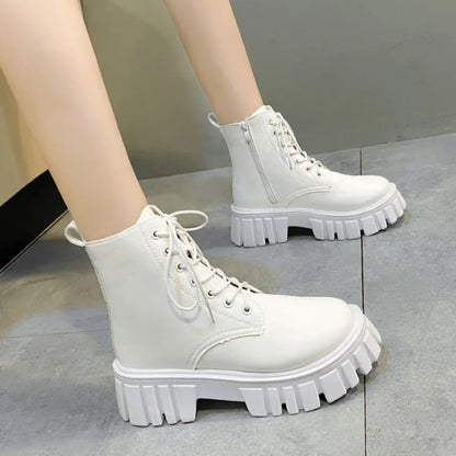 Chunky Platform White Ankle Boots Women Autumn Winter Pu Leather Booties Mujer Punk Thick Bottom Motorcycle Boots size 35-42