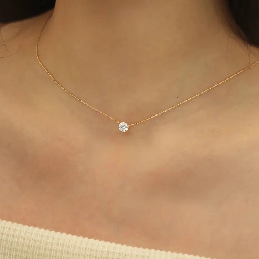 Gold Plated Stainless Steel Dainty Minimalist Zircon Charm Anti Tarnish Chain Round Clear Cz Stone Necklace for Women Jewelry