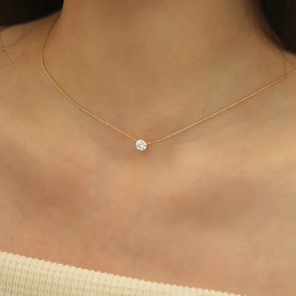 Gold Plated Stainless Steel Dainty Minimalist Zircon Charm Anti Tarnish Chain Round Clear Cz Stone Necklace for Women Jewelry