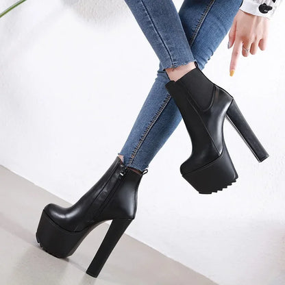 16CM Thick High Heel Shoes Womens Platform Elastic Band Side Zipper Chelsea Boots Black  Ankle Boot Zapatos Para Mujeres