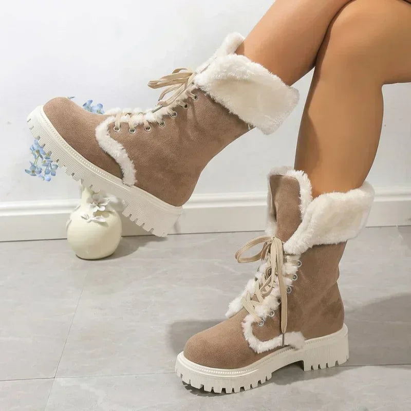 Thicken Plush Snow Boots for Women Winter Faux Fur Platform Ankle Boots Woman Mid-calf Lace-up Snow Boots Thickened Cotton Shoes