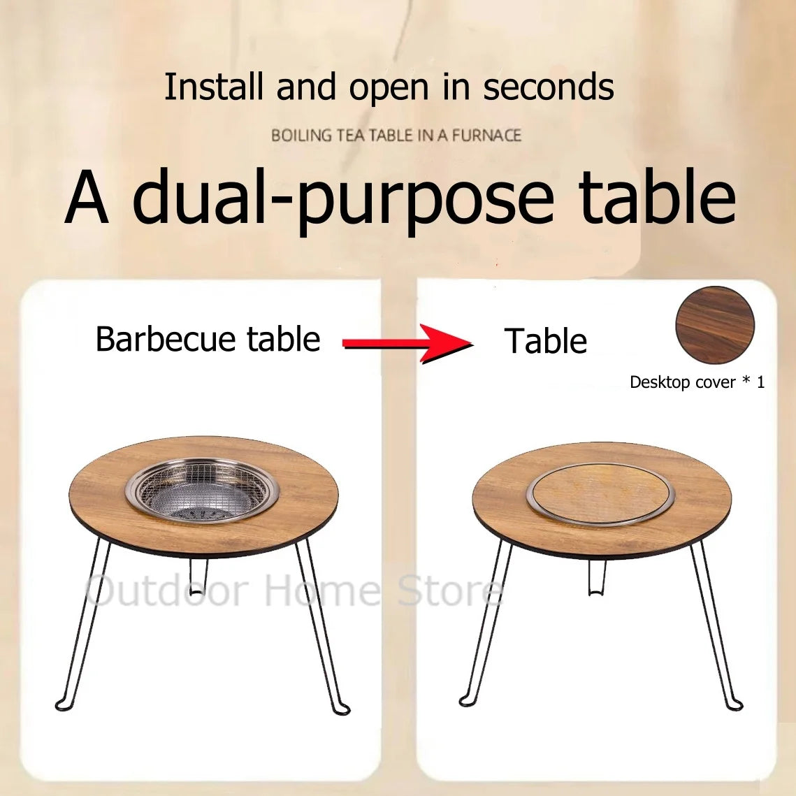 Folding Barbecue Round Table Wood Stove Portable Camping BBQ Charcoal Grill Lightweight Brazier Table Picnic Patio Tea Boiling