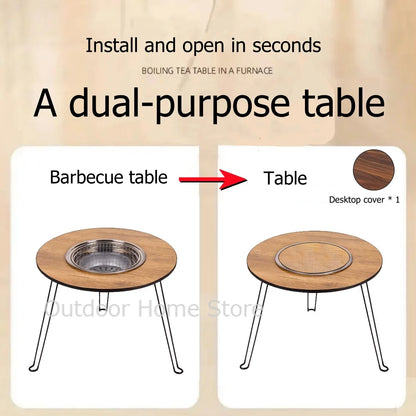 Folding Barbecue Round Table Wood Stove Portable Camping BBQ Charcoal Grill Lightweight Brazier Table Picnic Patio Tea Boiling