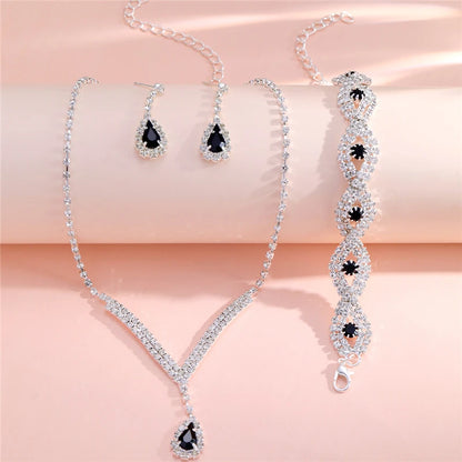 3 Pcs Luxury Rhinestone Bride Jewelry Set for Women Black Water Drop Crystal Earrings Wedding V Necklace Eye Bracelet Fashion