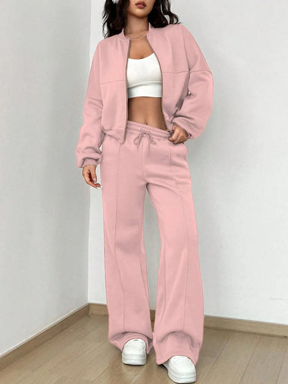 Women's Autumn 2024 Two Piece Set Cardigan Zipper Sweatshirt Jacket With Elastic Waistband And Wide Leg Pants Casual Set Ladies