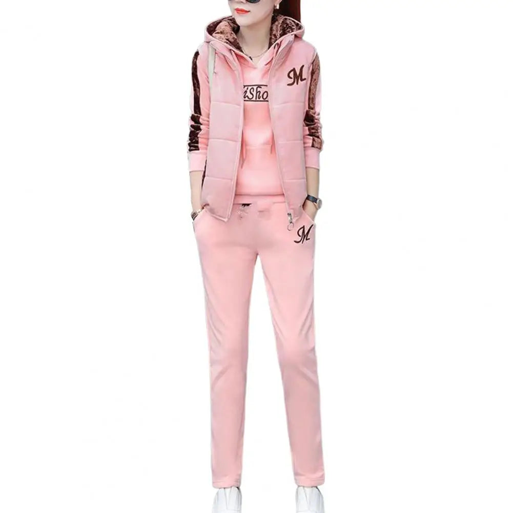 3Pcs/Set Trendy Women Tracksuit Windproof Waistcoat Hoodie Sweatpants Long Sleeve Cold Resistant