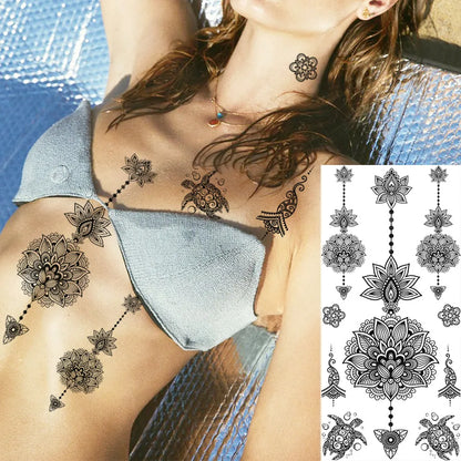 10 Sheets Black Henna Temporary Tattoos For Women Girl Arm Tattoo Fake Mandala Flower Tribal Animals Tattoo Sticker Dreamcatcher