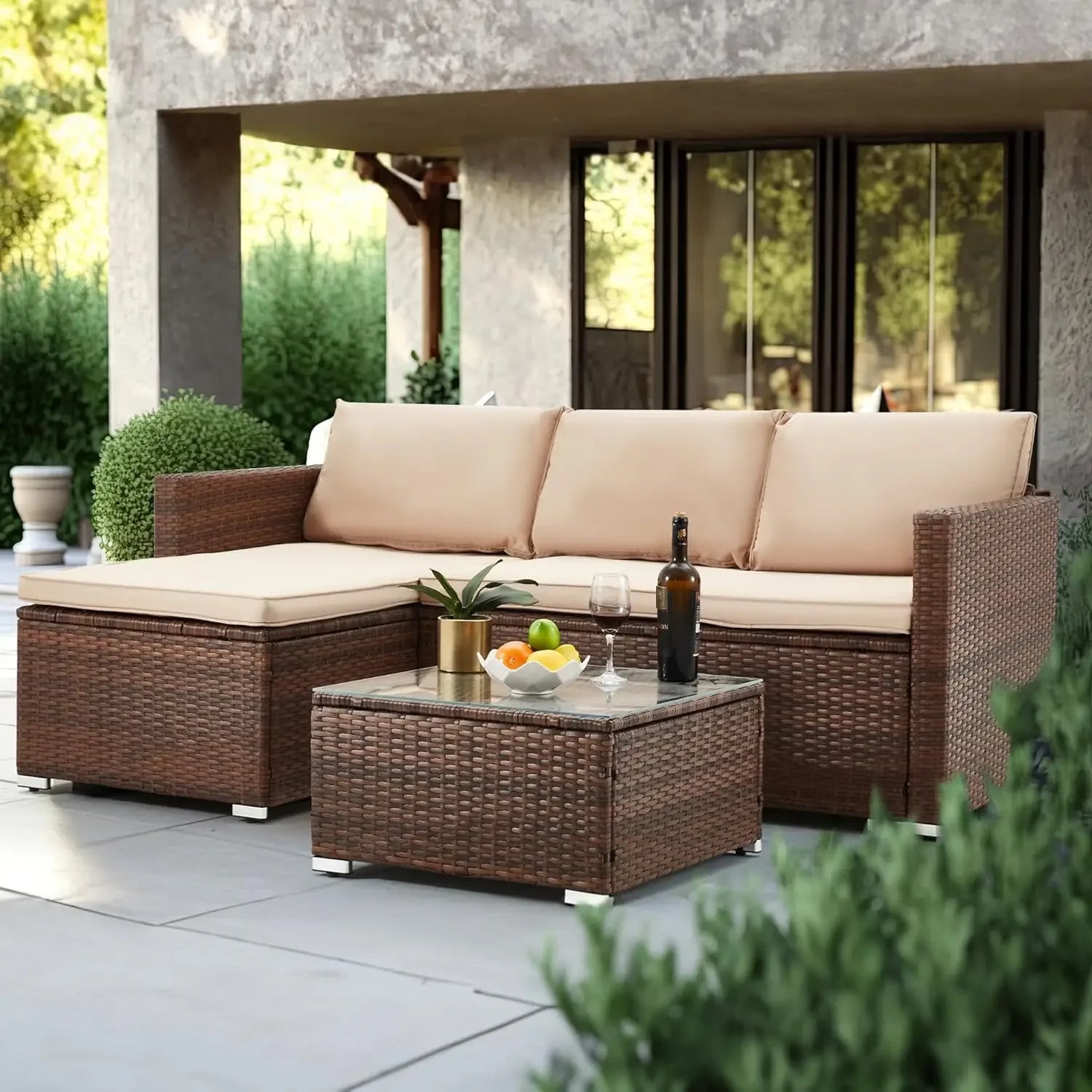 Outdoor Patio Furniture Set All-Weather Wicker Rattan Sectional Sofa with Tempered Glass Table and Washable Cushions for Garden