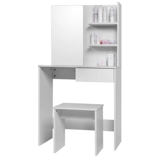 1SET White Dressing Table Women/Girls Cosmetic Makeup Table with Mirror Shiny Front Tray with Stool Dresser for Bedroom Home