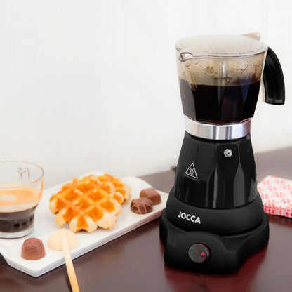 Induction coffee maker, electric and portable from JOCCA. Italian coffee EXPRESSO for 6 professional cups. Compact electric kettle with always hot system, 360 degree BASE, cold touch handle and 480W power.