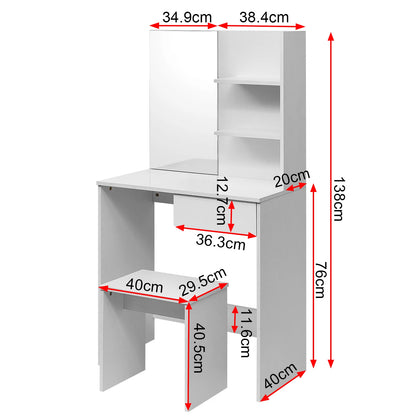 1SET White Dressing Table Women/Girls Cosmetic Makeup Table with Mirror Shiny Front Tray with Stool Dresser for Bedroom Home